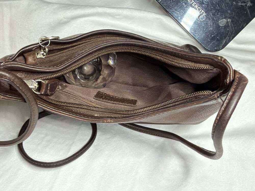Fossil Brown Pebbled Leather Triple Zip Multi-Compartment Crossbody Bag